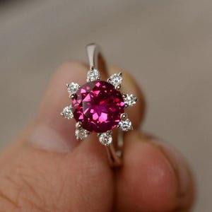 Lab Created Ruby Round Cut Engagement Ring Silver July Birthstone Ring