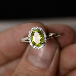 Natural Peridot Halo Wedding Ring Sterling Silver Oval Cut August Birthstone Ring