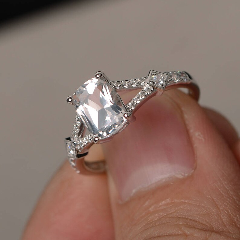 Natural White Topaz Ring Cushion Cut Gemstone Ring Silver Split Band Ring