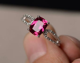Ruby Anniversary Rings Red Ruby Rings July Birthstone Sterling Silver Rings Cushion Cut Rings Wedding Gifts