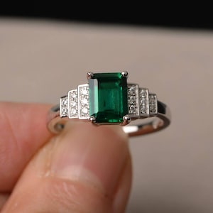 Lab Emerald Ring Engagement Ring Sterling Silver Ring May Birthstone Emerald Cut Green Gemstone Ring