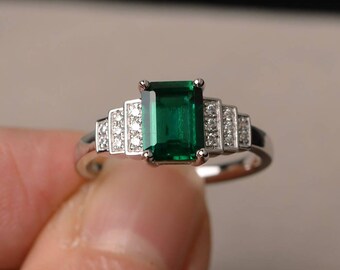 Lab Emerald Ring Engagement Ring Sterling Silver Ring May Birthstone Emerald Cut Green Gemstone Ring