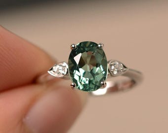 Oval Cut Green Sapphire Ring White Gold Engagement Ring Blue Gemstone Ring