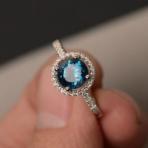 London Blue Topaz Rings Halo Ring Blue Topaz Engagement Rings Gemstone Ring Sterling Silver 925