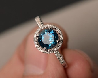 London Blue Topaz Rings Halo Ring Blue Topaz Engagement Rings Gemstone Ring Sterling Silver 925
