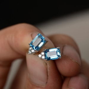 Swiss Blue Topaz Earrings Stud Sterling Silver Emerald Cut Earrings
