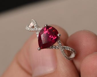 Anniversary Ring Ruby Ring July Birthstone Ring Red Gemstone Ring Sterling Silver Ring Pear Cut Gemstone