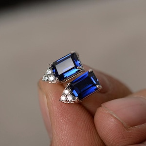 Lab Sapphire Earrings Stud Sterling Silver September Birthstone