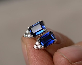 Lab Sapphire Earrings Stud Sterling Silver September Birthstone