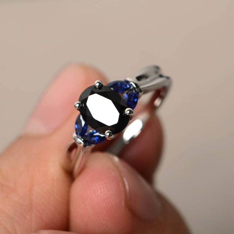 Promise Rings Natural Black Spinel Rings Oval Cut Black Gemstone Solid Silver Rings Blue Sapphire Accents