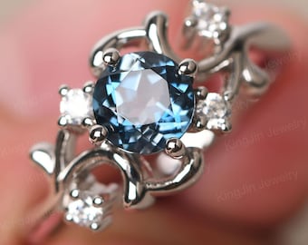 Real London Blue Topaz Cluster Proposal Ring Round Cut Solid Silver November Birthstone Ring