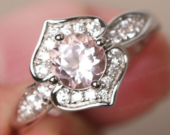 Genuine Morganite Proposal Ring Sterling Silver Round Cut 0.84 Carat Pink Flower Ring