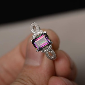 Emerald Cut Mystic Topaz Ring Sterling Silver Ring Rainbow Topaz Rings Women