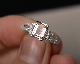 Morganite Engagement Ring Silver Emerald Cut Promise Ring Pink Gemstone Jewelry