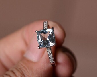 Anillo de aguamarina natural, joyería fina de plata, anillo de compromiso para mujer, anillo de promesa.