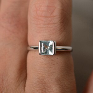 Natural Aquamarine Ring Solitaire Ring Sterling Silver Princess Cut Ring March Birthstone Ring image 2