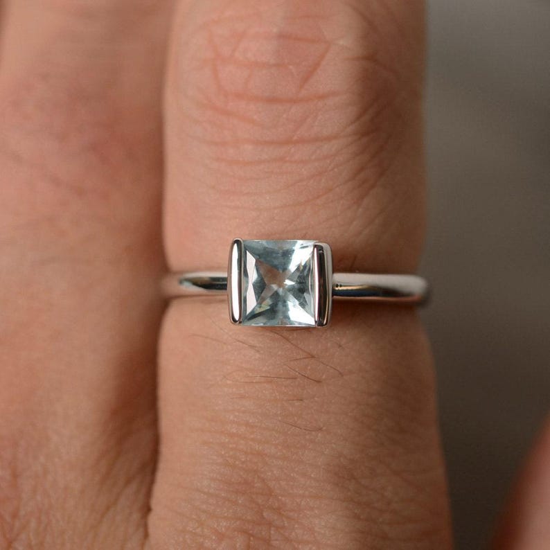 Natural Aquamarine Ring Solitaire Ring Sterling Silver Princess Cut Ring March Birthstone Ring image 2