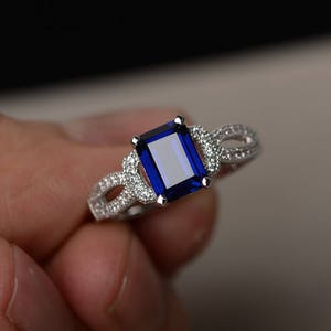 Lab Sapphire Engagement Ring Emerald Cut Gemstone Jewelry Silver Rings image 1