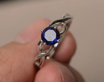 Blue Sapphire Rings Unique Anniversary Rings September Birthstone Round Cut Blue Stone Rings Sterling Silver Rings