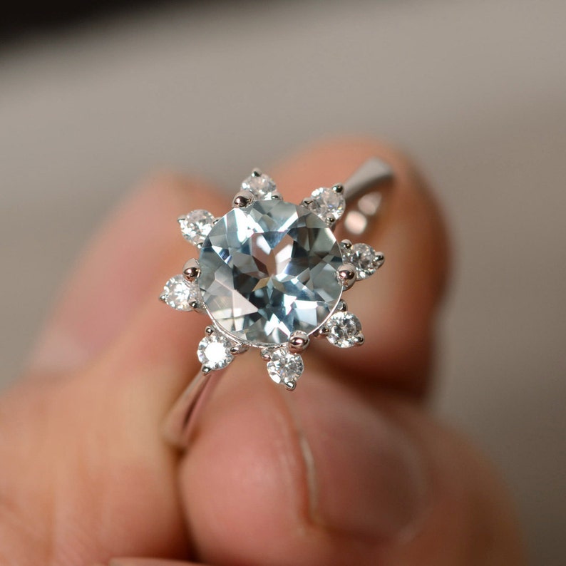Natural Aquamarine Ring Engagement Ring Sterling Silver March Birthstone