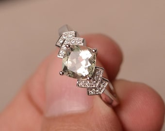 Anillo de amatista verde natural para cóctel, anillo de piedras preciosas de talla cojín, anillo de plata de ley con gemas verdes.