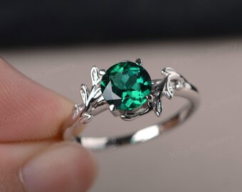 Round cut emerald ring vintage solitaire anniversary ring sterling sliver branch and leave band ring