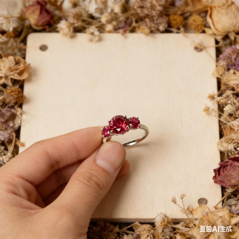 Handmade Three Stone Lab Ruby Ring, Sterling Silver Promise Ring image 4