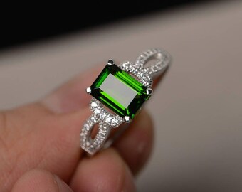 Natürlicher Chromdiopsid Ring Grüner Edelstein Ring Silber Verlobungsringe