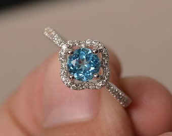 Swiss Blue Topaz Ring Gemstone Engagement Ring Sterling Silver Ring With Stone Promise Ring For Her