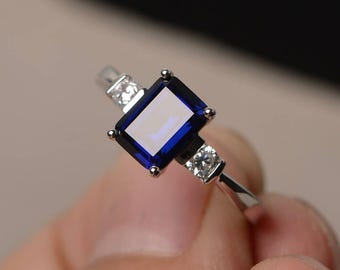 Blue Sapphire Ring Promise Ring September Birthstone Ring Emerald Cut Blue Gemstone Ring Sterling Silver Ring