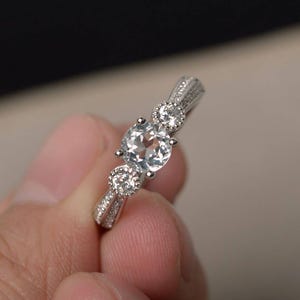 Natural White Topaz Rings Proposal Rings Round Cut Gemstone Rings Silver Ring Unique Ring
