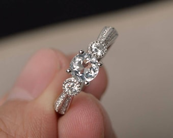 Natural White Topaz Rings Proposal Rings Round Cut Gemstone Rings Silver Ring Unique Ring