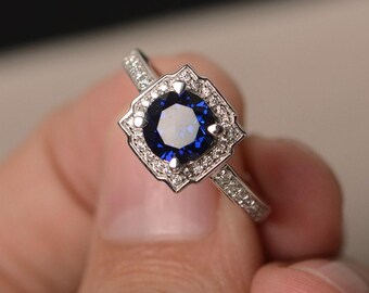 Anillo de zafiro creado, anillos de piedras preciosas azules de corte redondo, anillos de halo cuadrado, anillos de compromiso de plata de ley 925