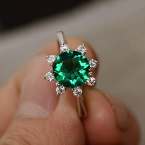 Emerald Engagement Ring Sterling Silver Brilliant Ring Promise Ring May Birthstone Ring