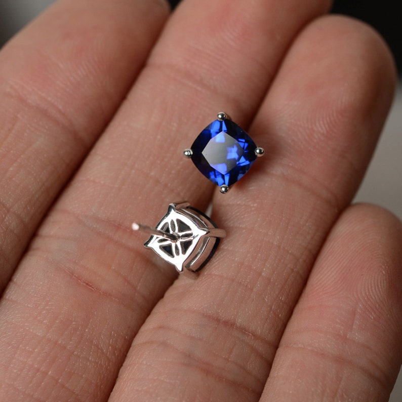 Lab sapphire Earring Stud Sterling Silver September Birthstone Gemstone Cushion Cut Sapphire Stud image 2