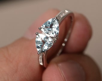 Natürlicher Aquamarin Ring Trillion Schnitt blauer Edelstein Ring März Birthstone Ring Sterling Silber Verlobungsring für sie