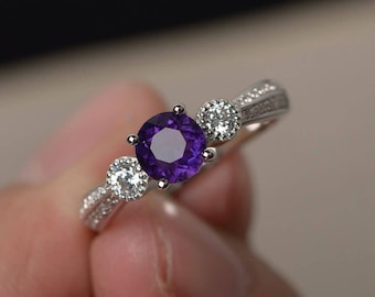 Natural Amethyst Engagement Rings Round Cut Purple Gemstone Solid Silver Ring February Birthstone Simple Rings