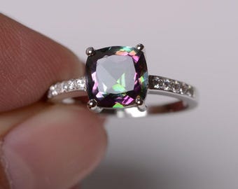 Anello con topazio mistico, anello in argento sterling, anello di fidanzamento, anello con taglio a cuscino