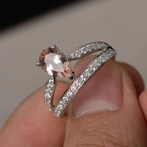 Anillo de compromiso de morganita con forma de lágrima, anillo de piedras preciosas rosas, anillo de corona de plata imagen 2