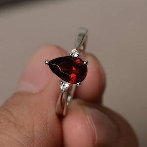 Proposal Ring Natural Red Garnet Ring January Birthstone Ring Red Gemstone Ring Sterling Silver Ring Pear Cut Gemstone