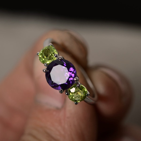 Amethyst Ring Peridot Silver Three Stone Ring February Birthstone August Promise Ring Engagement Ring