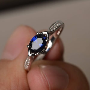 Blue Sapphire Ring Proposal Ring September Birthstone Ring Blue Gemstone Oval Cut Gems Sterling Silver Ring image 1