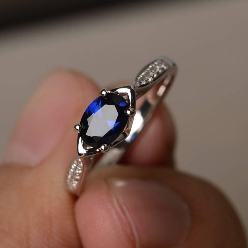 Blue Sapphire Ring Proposal Ring September Birthstone Ring Blue Gemstone Oval Cut Gems Sterling Silver Ring image 1