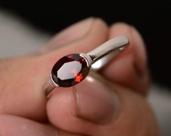 Natural Garnet January Birthstone Ring Solitaire Ring Sterling Silver Oval Cut Garnet Promise Ring
