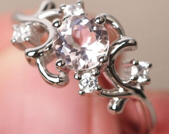 Unique Morganite Cluster Engagement Ring Sterling Silver Free Form Art Deco Ring