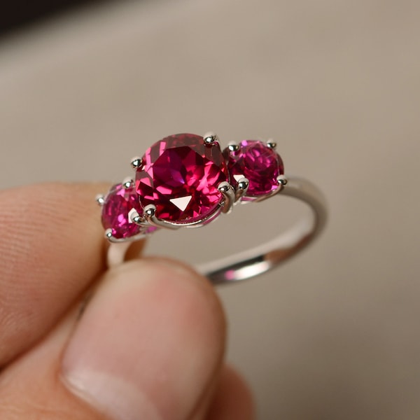 Ruby Ring Three Stone Ring Sterling Silver Promise Ring