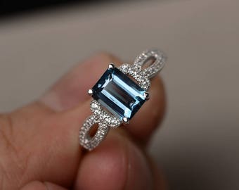 London Blue Topaz Ring Sterling Silver Emerald Cut Engagement Rings Gemstone Jewelry