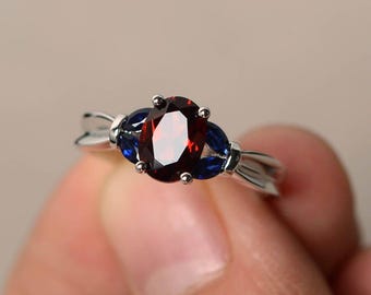 Anniversary Rings Natural Red Garnet Rings January Birthstone Oval Cut Red Gemstone Sterling Silver Rings Blue Sapphire Accents
