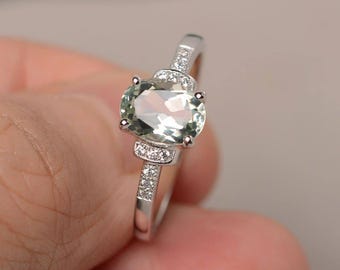 Natural Green Amethyst Engagement Wedding Ring Sterling Silver Ring Oval Cut Green Gemstone Ring
