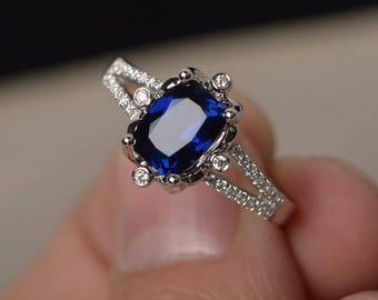 Blue Sapphire Engagement Rings September Birthstone Cushion Cut Blue Gemstone Rings Silver Rings